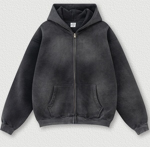 Winter Streetwear Print No String Blank Custom Zip-Up Vintage Double Layer Sun Faded Distressed Hoodie for Men
