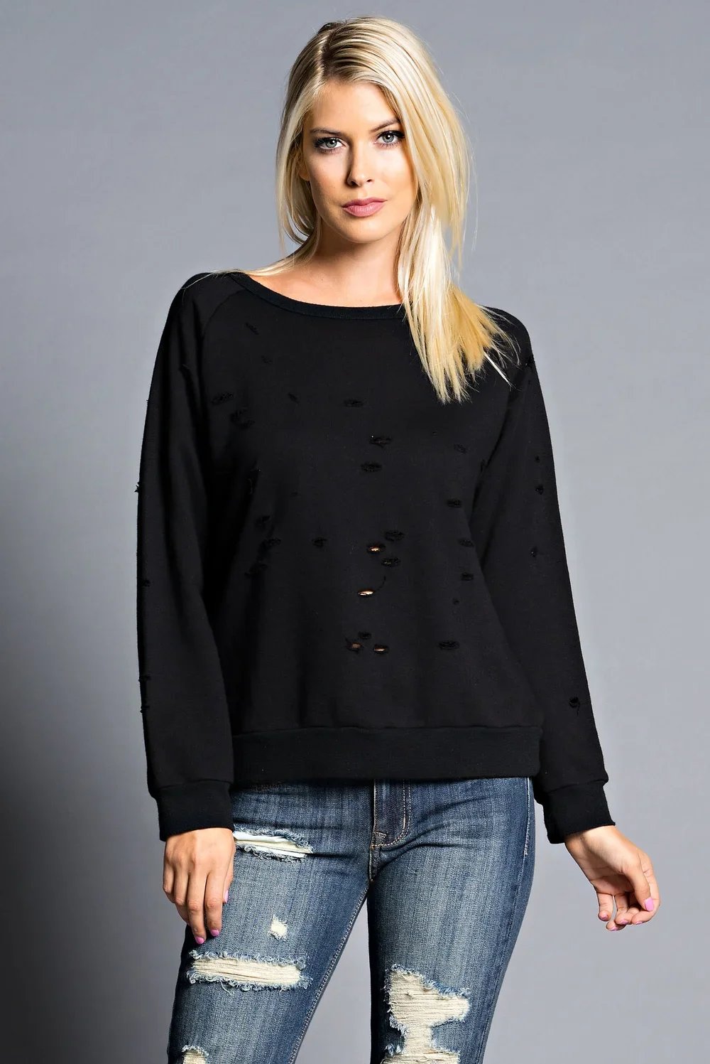 Distressed black French terry sweatshirt factory direct wholesale