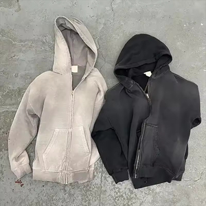Custom Streetwear Heavyweight French Terry Blank Oversized Mens Vintage Acid Wash Sun Faded Distressed Full Zip up Hoodie
