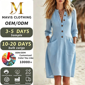 OEM ODM Linen Blend V-Neck Pocket Casual Dress Bulk Supply