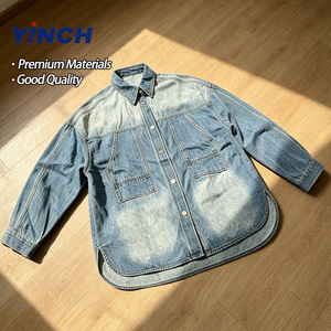 Factory Wholesale Denim Shirt Men Loose Heavy Washed Blue Custom logo Cotton Vintage Popular Shirt with Buttons
