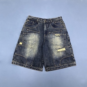 Custom Private Label Heavyweight Denim Shorts Acid Wash High Contrast Fade Multi Pocket Distressed Ripped Baggy Jorts Streetwear